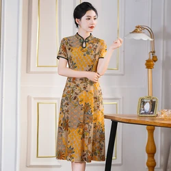 Elegant Summer Chinese Cheongsam Women Modified Dress Vintage Floral Printed Dress Mandarin Collar Female Qipao Dress