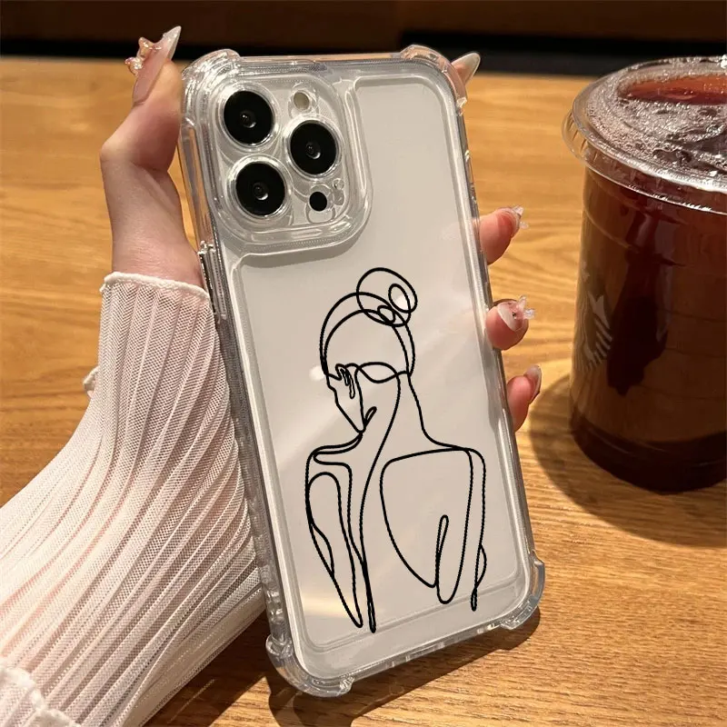 Minimalist Female Body Wire Art Case Clear For iPhone 18 17 16 14 15 11 12 13 Pro Max 7 8 Plus 16E 17 Air 18Pro X XR Soft Cover