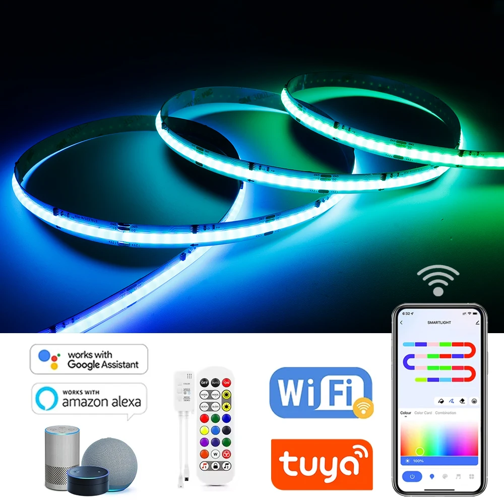 

Светодиодная лента Tuya WIFI Smart RGBIC COB WS2811 IC Адресная гибкая светодиодная лента Управление через приложение DC12V для Alexa Google