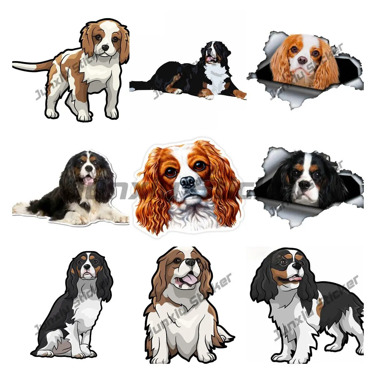 Calcomanía de Graffiti personalizada 3D de Metal rasgado, calcomanía impermeable del Rey Charles, calcomanía de dibujos animados de animales Cavalier, Rey Charles Spaniel