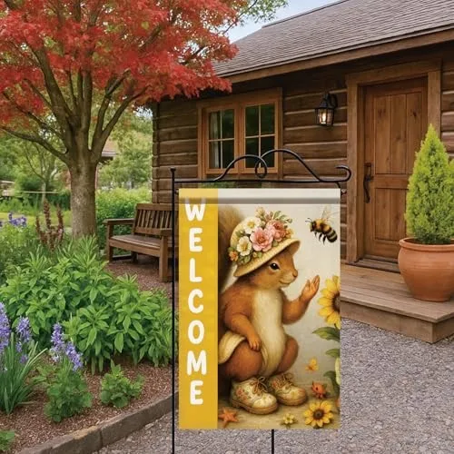 Welcome House Flag 28x40 Inch Double Sided Flower Hat and Bee Yard Squirrel OOV IIC