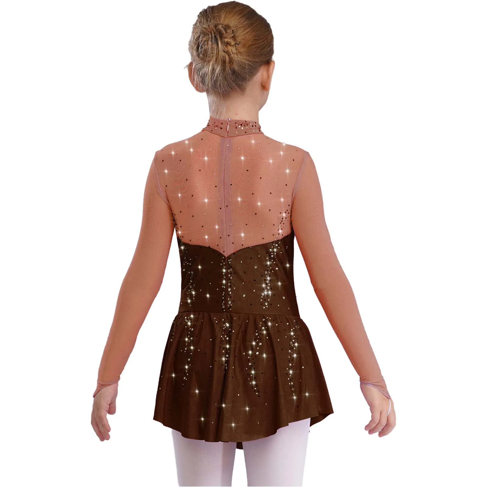 ชุดเดรสเต้นรำสำหรับเด็กผู้หญิง ประดับด้วยคริสตัลวิบวับ สำหรับยิมนาสติก ฟิกเกอร์สเก็ต บัลเลต์ แขนยาว ผ้าตาข่ายบางเบา ชุดเต้นรำแนวลิริคอล