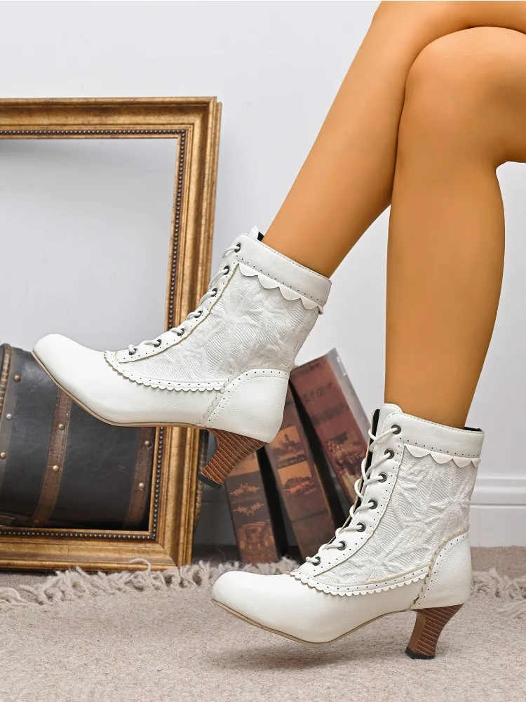 Elegante Kant Vrouwen Laarzen Retro Gesplitste Hoge Laarzen Luxe Mode Dames Hoge Hakken Dikke Hak Holle Vrouw Bruiloft Bruidslaarzen - afbeelding 2