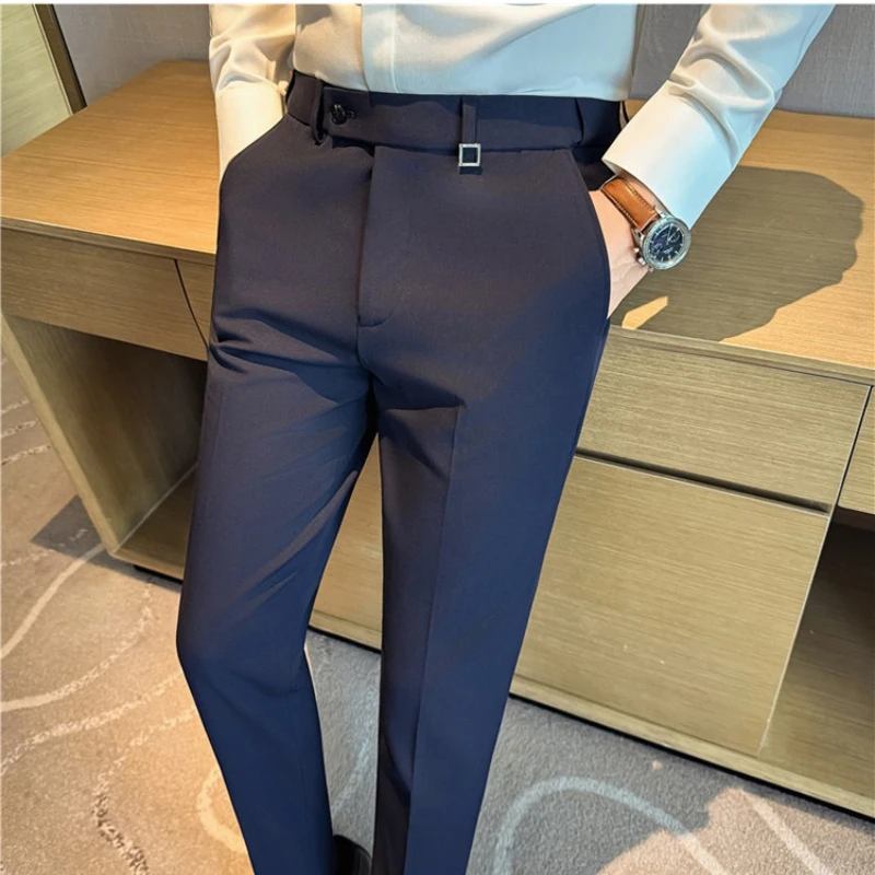 Men Business Slim Fit Straight Suit Pants, Elastic Waist Metal Square Buckle Decor Mens Formal Trousers for Office Wedding Party