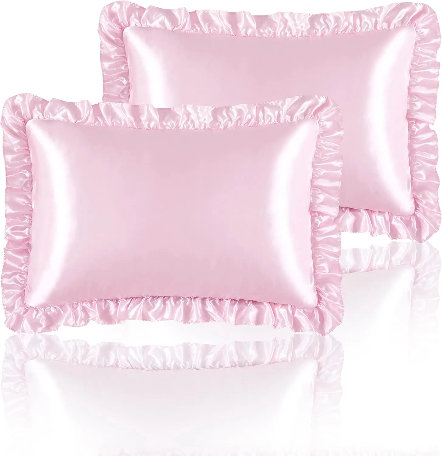 2Pcs Satin Ruffled Pillow Cases for Hair and Skin, Solid Color Silk Pillowcases with Envelope Closure Princess Room Decoration view 2