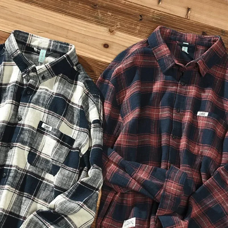 Wiosna Nowy Styl Męska Luźna Casualowa Koszula z Długim Rękawem w Kratę Retro Color Block Base Layer Coat Koreański Styl Modny