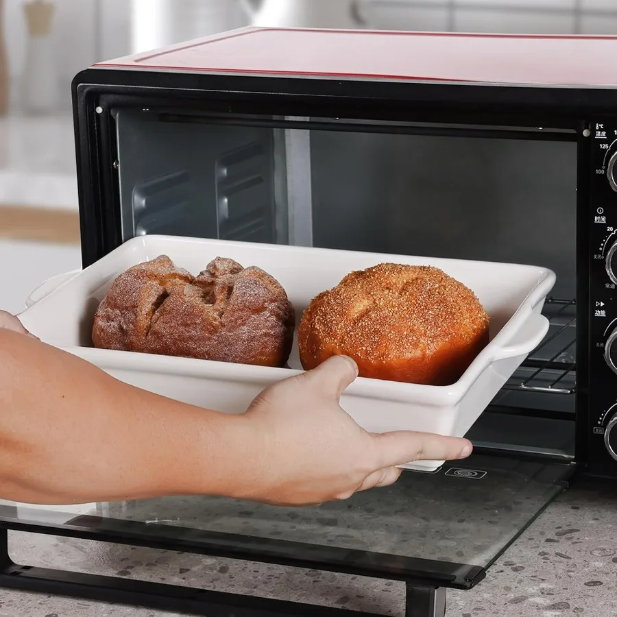 Plat de cuisson en céramique avec poignées, poêle à lasagne, ustensiles de cuisson de service profonds et grands pour la cuisson. Coffre-fort pour congélateur (blanc)