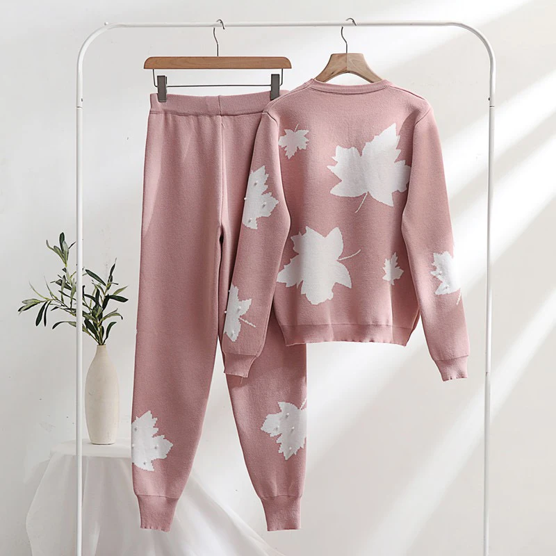 Beading Sweater Pullover 2 Piece Sets Women Maple Leaf Print Knitwear Jumper Suits High Waist Knit Harem Jogger Pants Conjunto