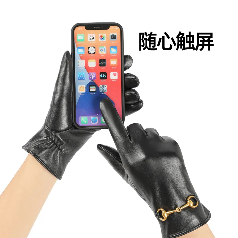 Plush Leather Gloves Driving Cycling Touch Screen Light luxury Warm Windproof Split Finger Sheepskin Lady Grace Fleece Gloves