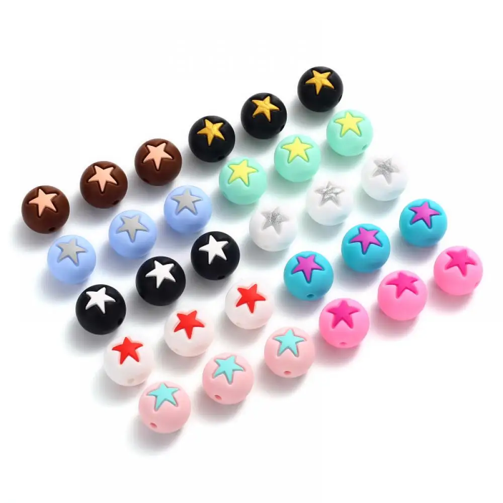 10Pcs 10mm Food Grade Silicone Teether Beads Colorful Round Pentagram Beads For DIY Necklace Bracelet Pacifier Chain Oral Care