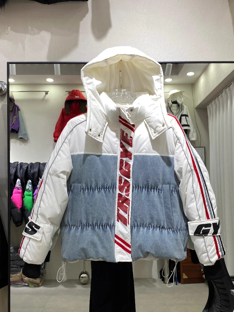 

2025 New Down Jacket Women Fashion Denim Stitching Short Coat Winter Retro Street Hooded Thick Loose 90 White Duck Puffer Parkas