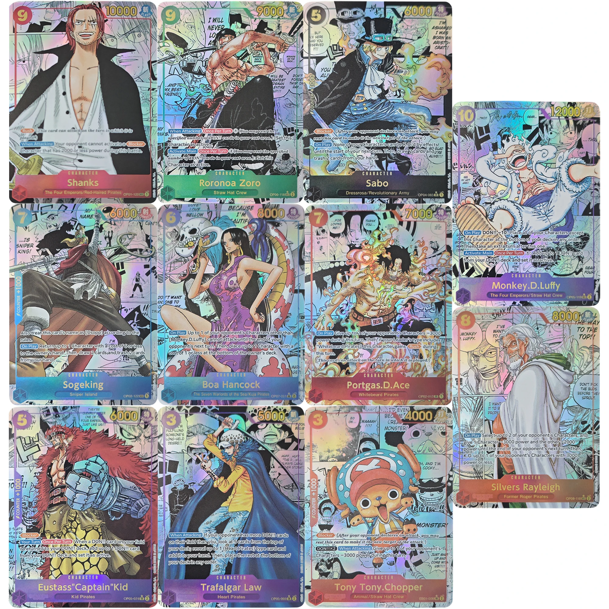 

11Pcs/set English Version ONE PIECE Nami Luffy Zoro Shanks OPCG Relief Color Flash Card Classic Anime Collection Cards Gift Toy