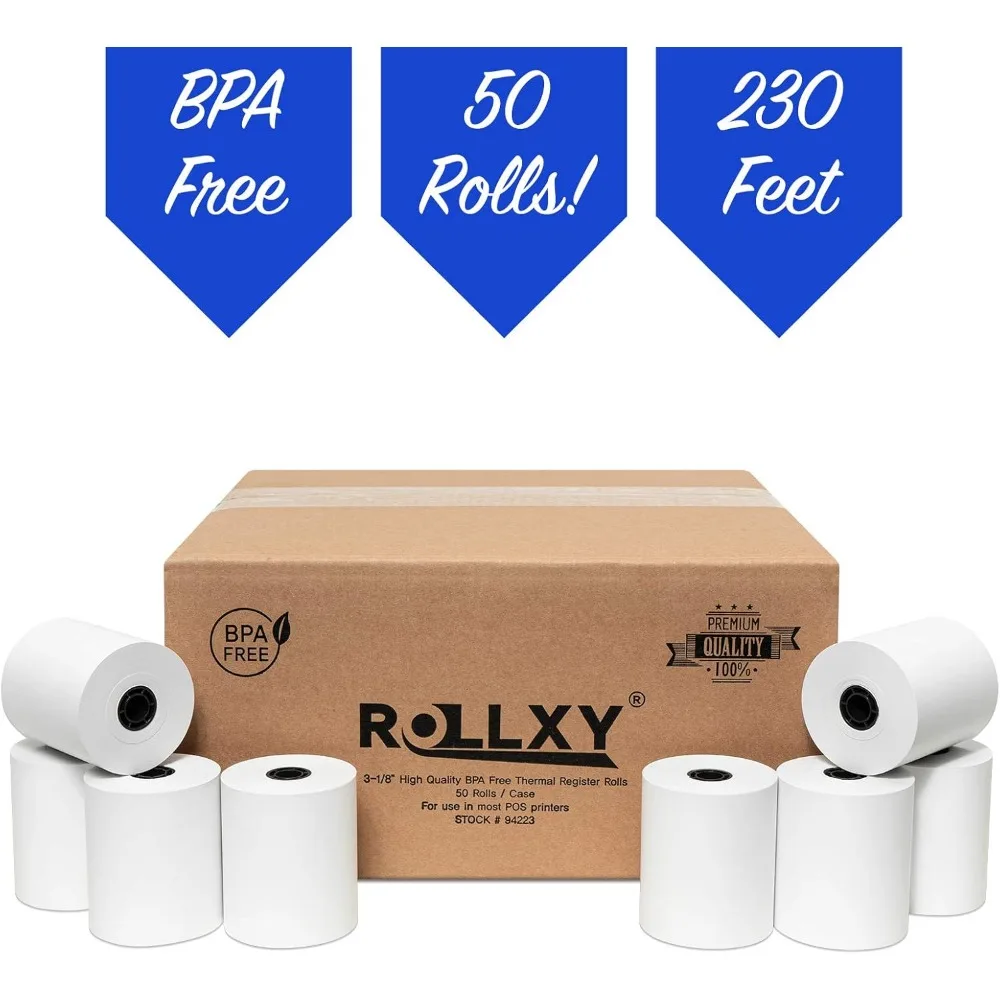 لفة ورق حراري 1.75 بوصة 230 قدم 50 لفة 48 جرامًا للمتر المربع، قلب 7/16 بوصة، لتسجيل النقد