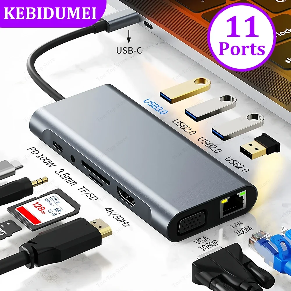 Estação de acoplamento 11 em 1USB C HubType C para HDMI 4K com adaptador divisor de transferência de dados de transmissão USB3.05Gbps para laptop MacBook