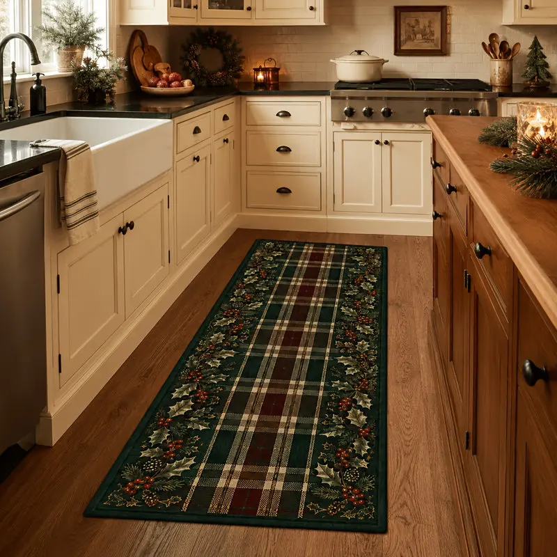 VIKAMA Christmas Garland Swag Runner Rug, Burgundy Flannel Hallway Carpet, Non Slip Washable Kitchen Mat with Bow and Candy Cane