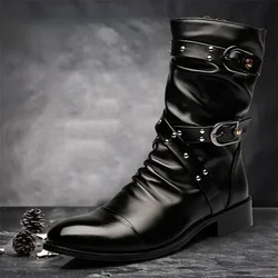 Men's Leather Boots High Rivet Quality Motorcycle Boots Black Punk Rock Shoes Men Tall Boots Man Shoes Mid-Calf Size 37--45