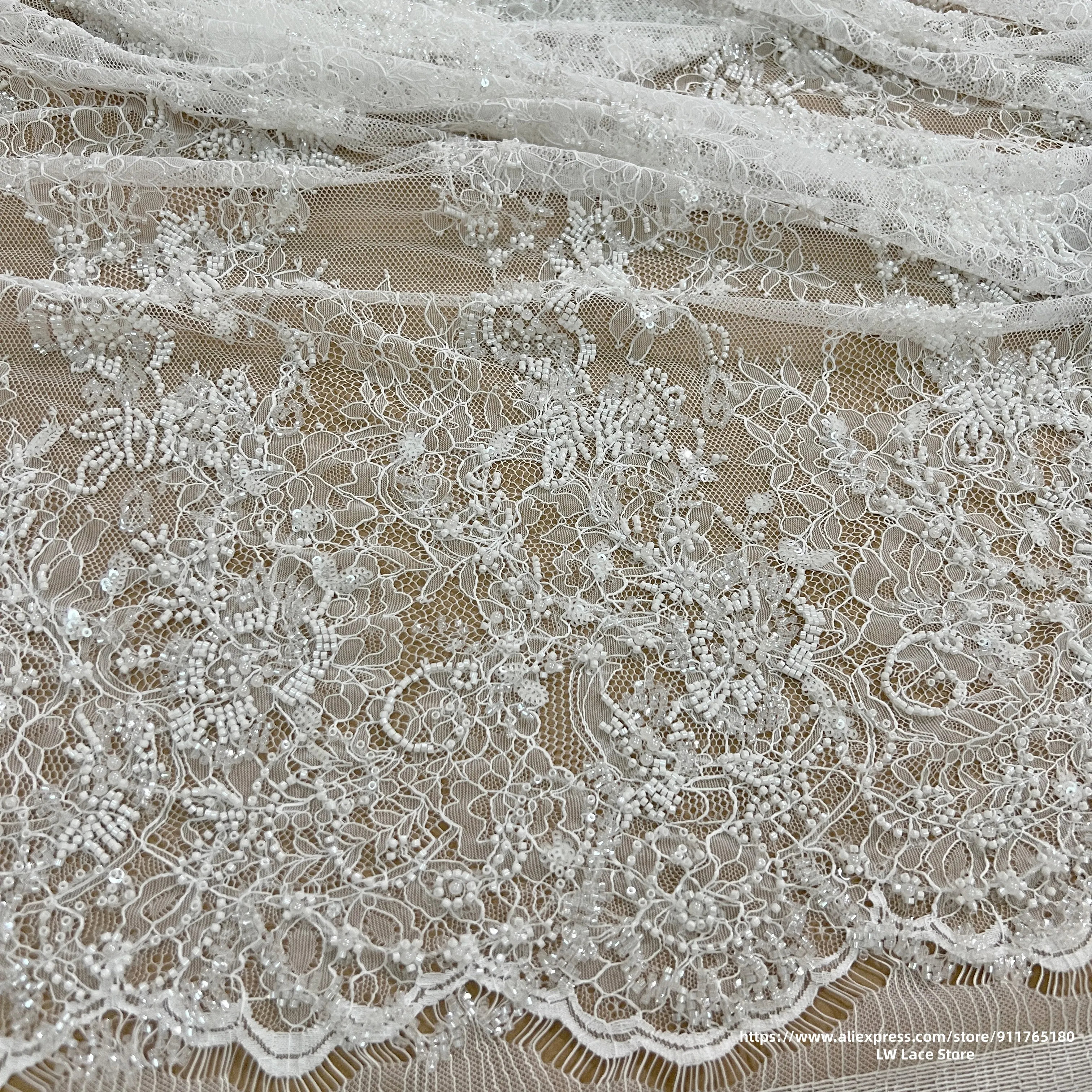 

1.4M Wide French Chantilly Lace Fabric Wedding Crystal Glass Beads Intricate Beadwork Luxury Beading Embellishment Couture Lace