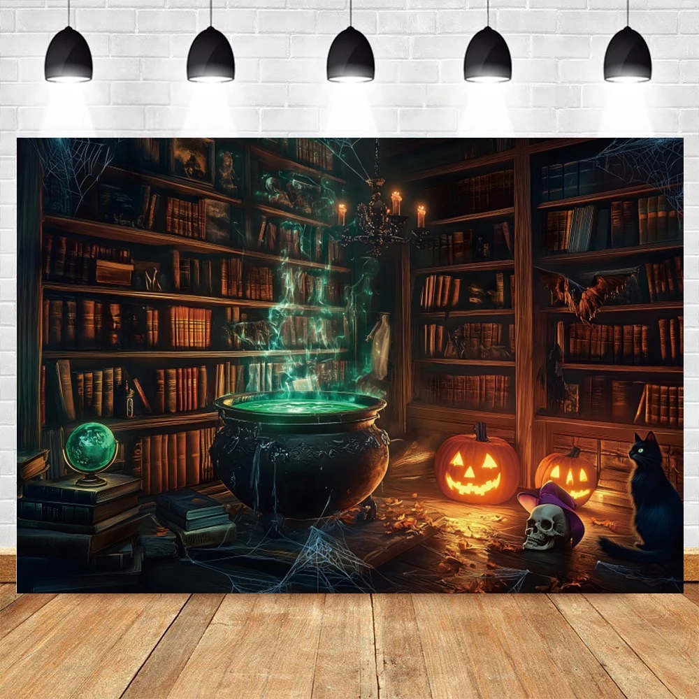 Halloween Retro Library Backdrop Witch Magic Cauldron Bookshelf Spooky Skull Pumpkin Kids Portrait Photography Background Decor