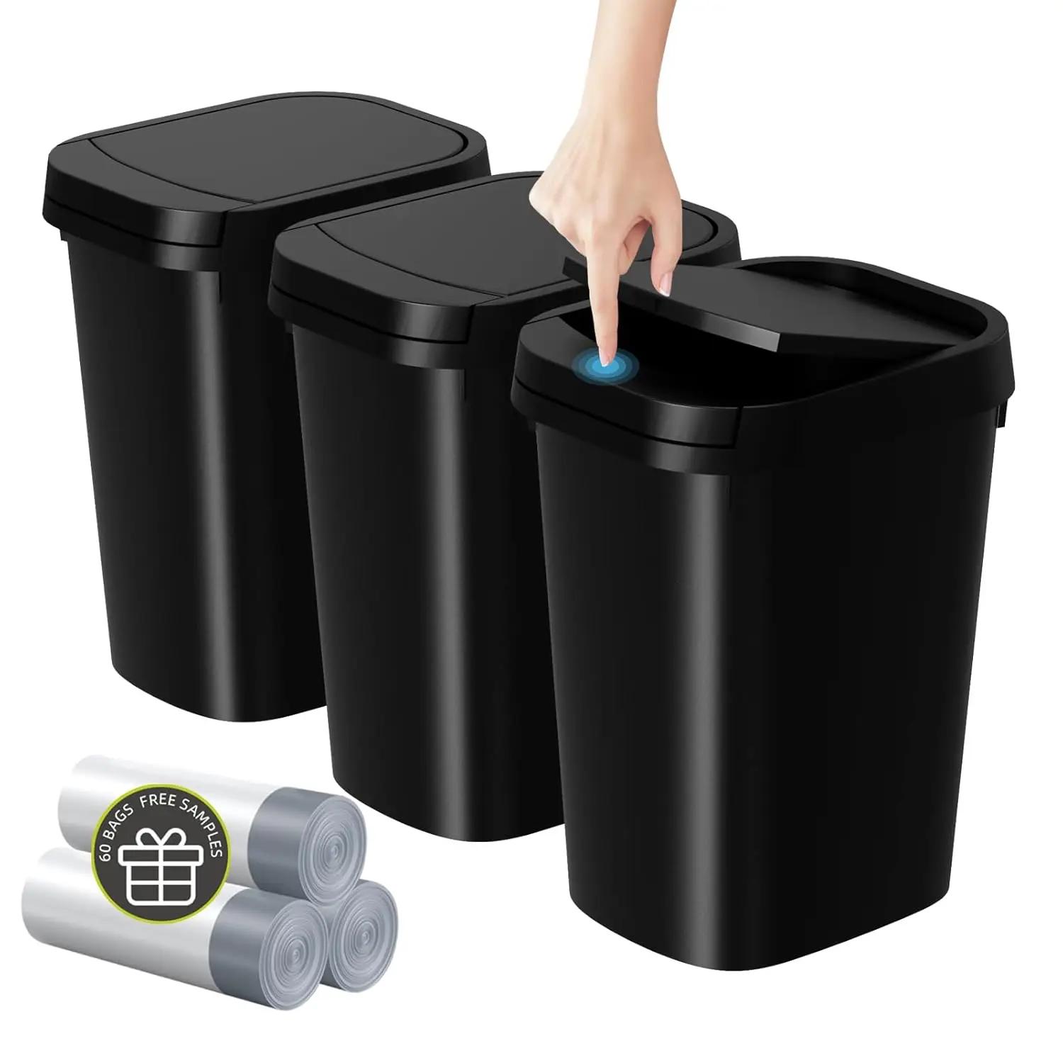 

3 Pack Slim Bathroom Trash Cans with Pop-Up Lid, 2.6 Gallon Small Garbage Bin for Bedroom Office Kitchen Toilet in Matte Black