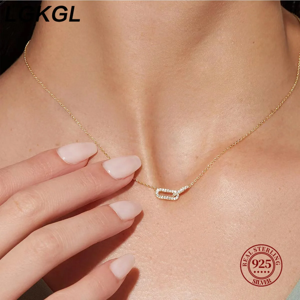 

LGKGL New S925 sterling silver double oval necklace interlocking double ring pendant with diamonds plated with 14k gold