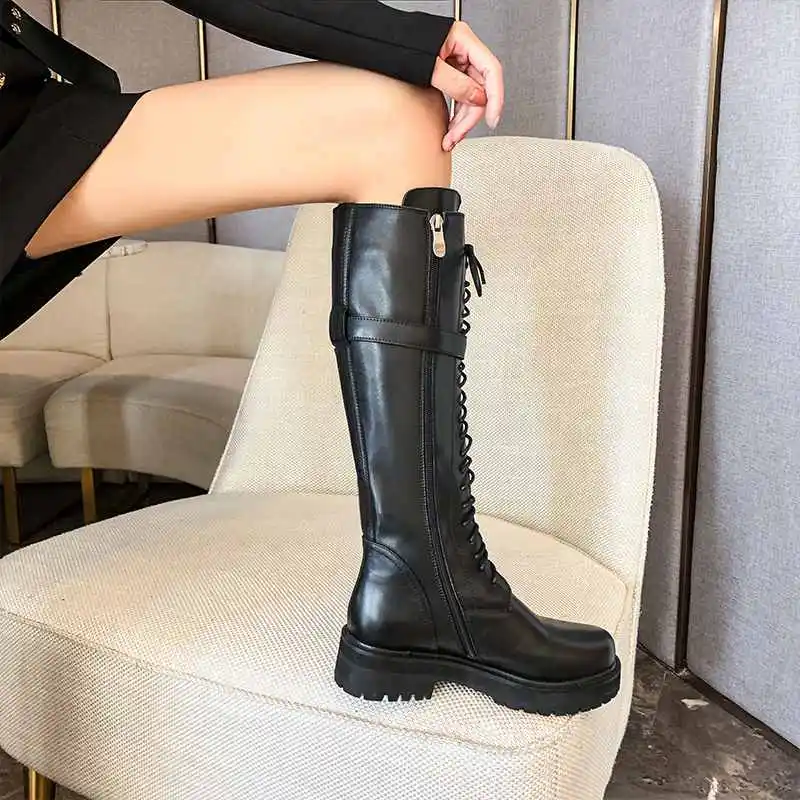 Krazing Pot Big Size Genuine Leather Lace Up Med Heels Round Toe Punk Superstar Riding Boots Buckle Fastener Over-the-knee Boots