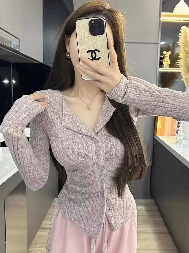 V-neck Milk Series Outfit New Long Sleeved Cardigan Women's Top Covers the Stomach and Hides Meat Knitted Sweater Base Making