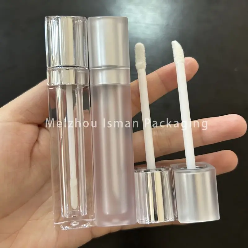 

50Pcs Clear Frosted Lip Oil Plump Tint Bottles Private Label Silver Square Empty Lip Gloss Tubes With Applicator 8ml