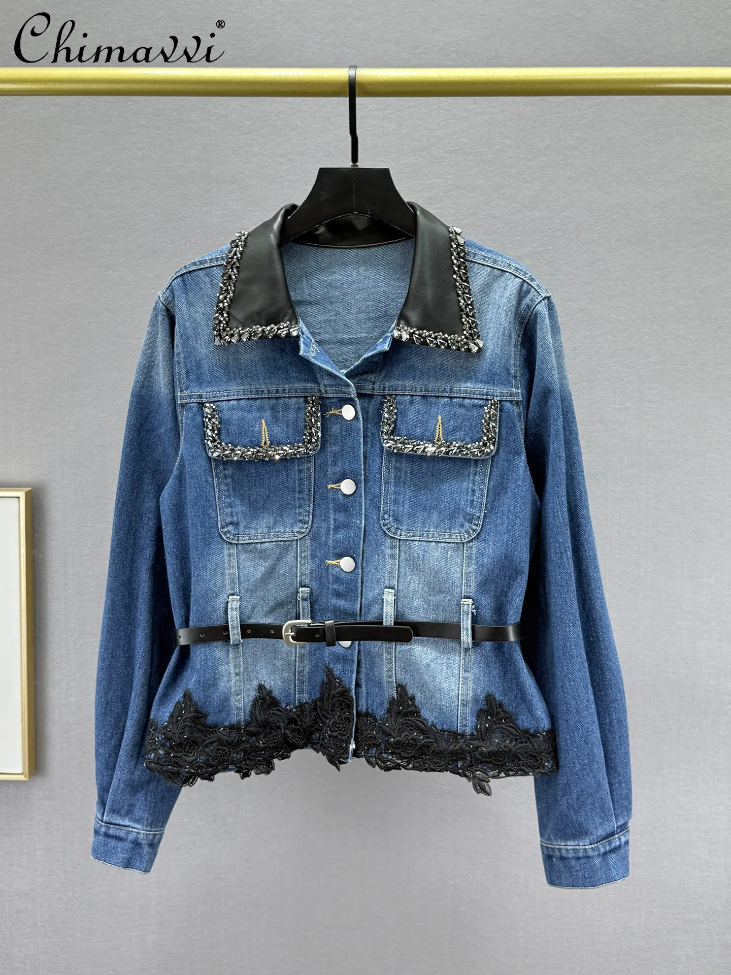 

Heavy Embroidery Rhinestone Denim Jacket for Women 2026 Spring New Fashion Slim Fit Long Sleeve Waist-Cinching Jean Coat Top