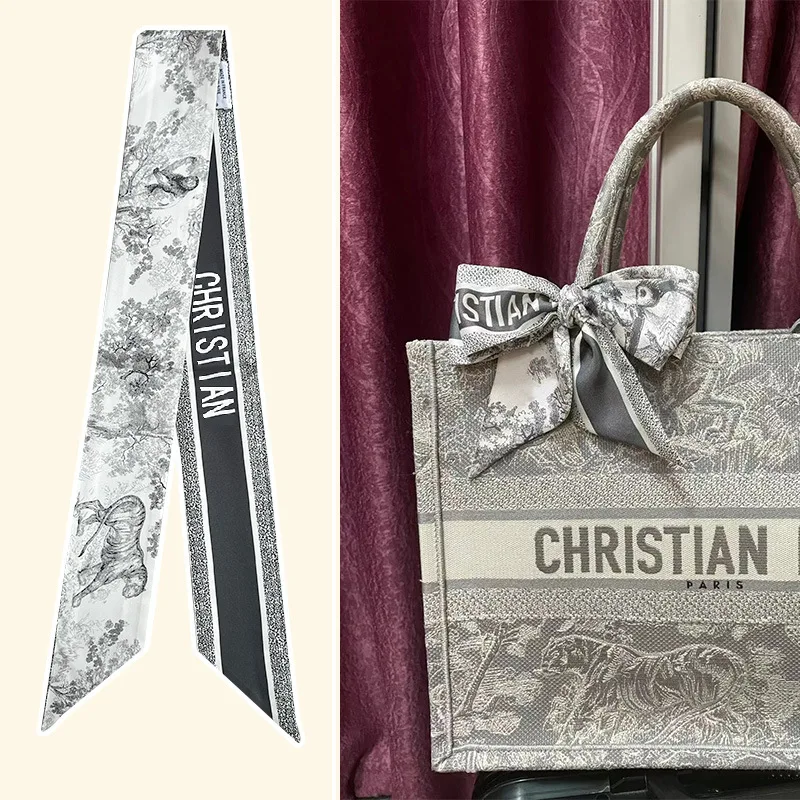 Novo lenço de seda longo floral-imitação de seda pequeno laço premium pescoço cachecol & hairband bolsa alça fita para mulher