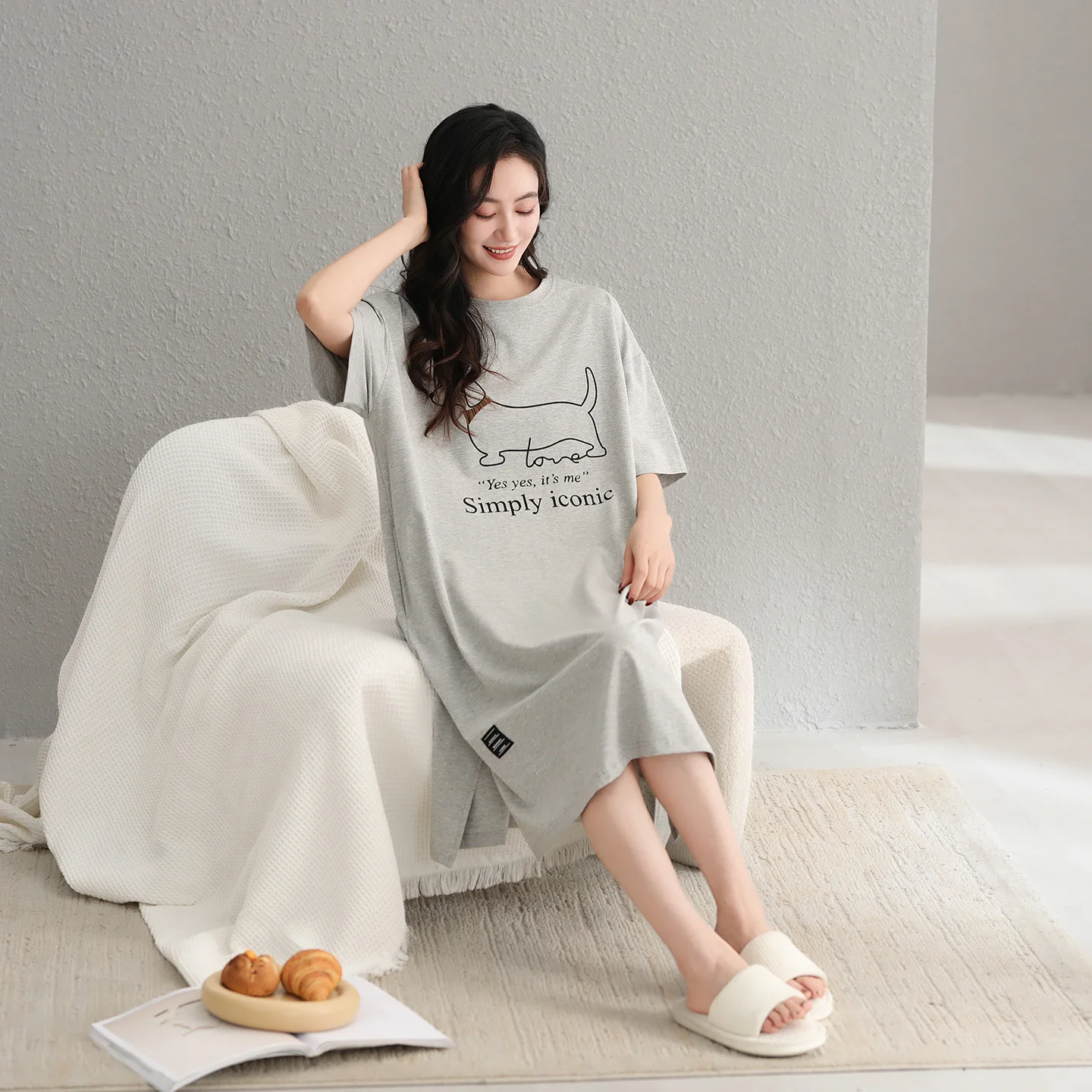 Pure Cotton Short Sleeve Sleep Dress Women's Casual Thin Summer Dress with Chest Pad Cute Cartoon All Cotton Sleepwear