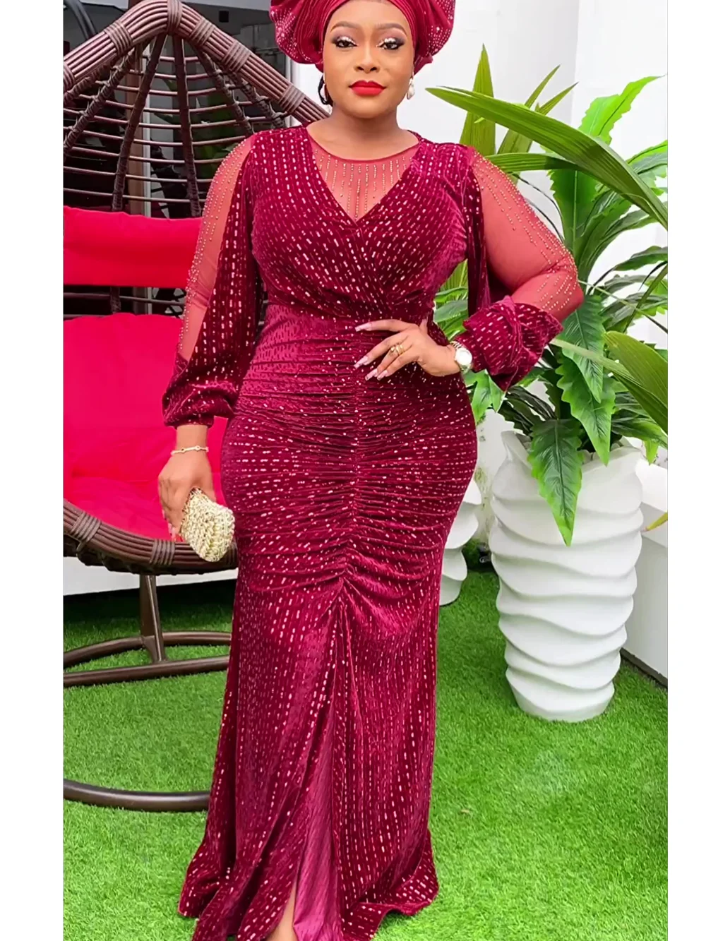 Plus Size African Elegant Party Dresses for Women 2024 New Sequin Evening Gown Kaftan Muslim Maxi Long Dress Ladies Clothing