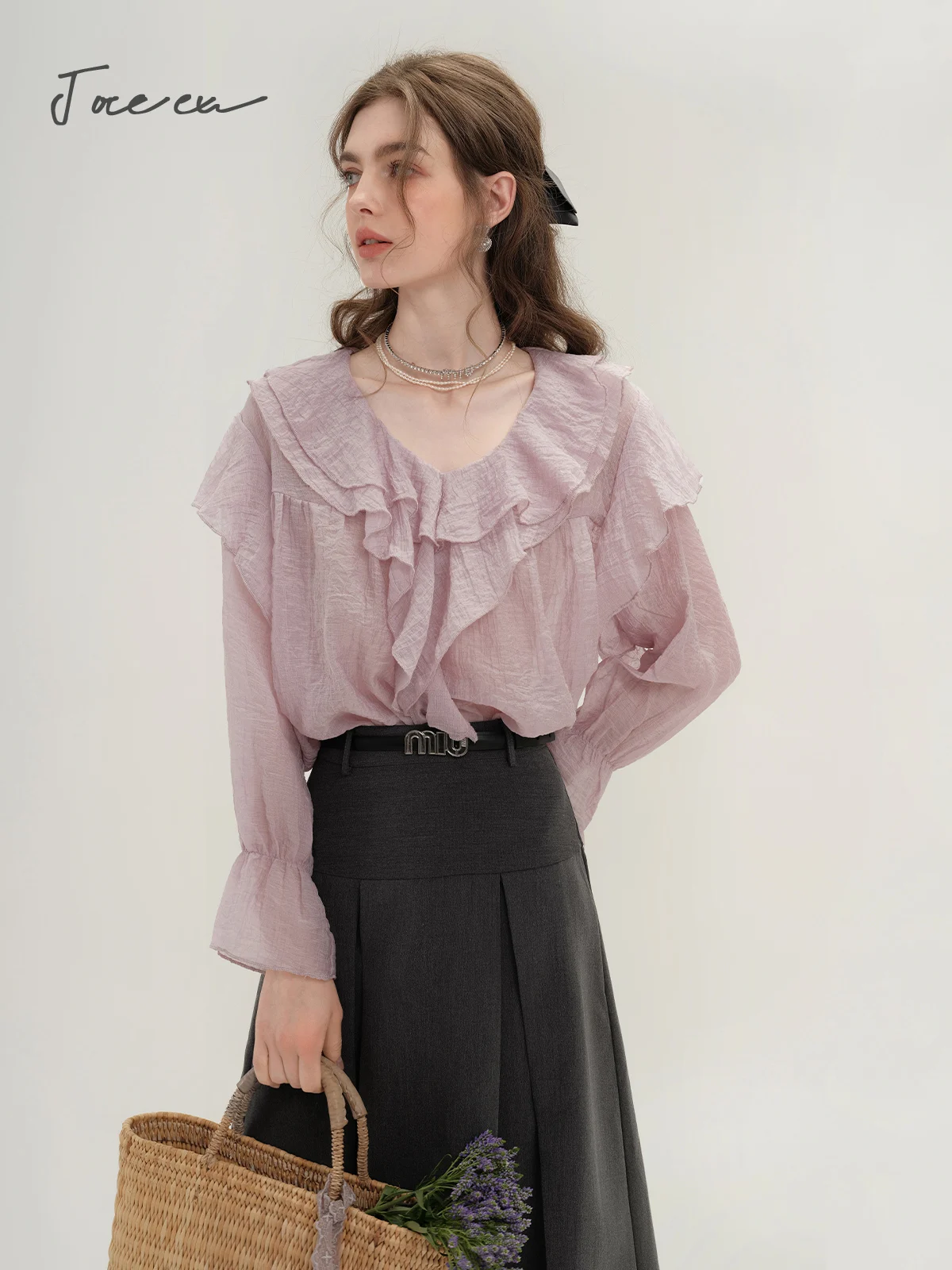 JOREEU Elegant Ruffled Shirts for Women 2024 Spring Frenchy Fashion Long Sleeve Tops Women's Shirts & Blouse Clothing T01205