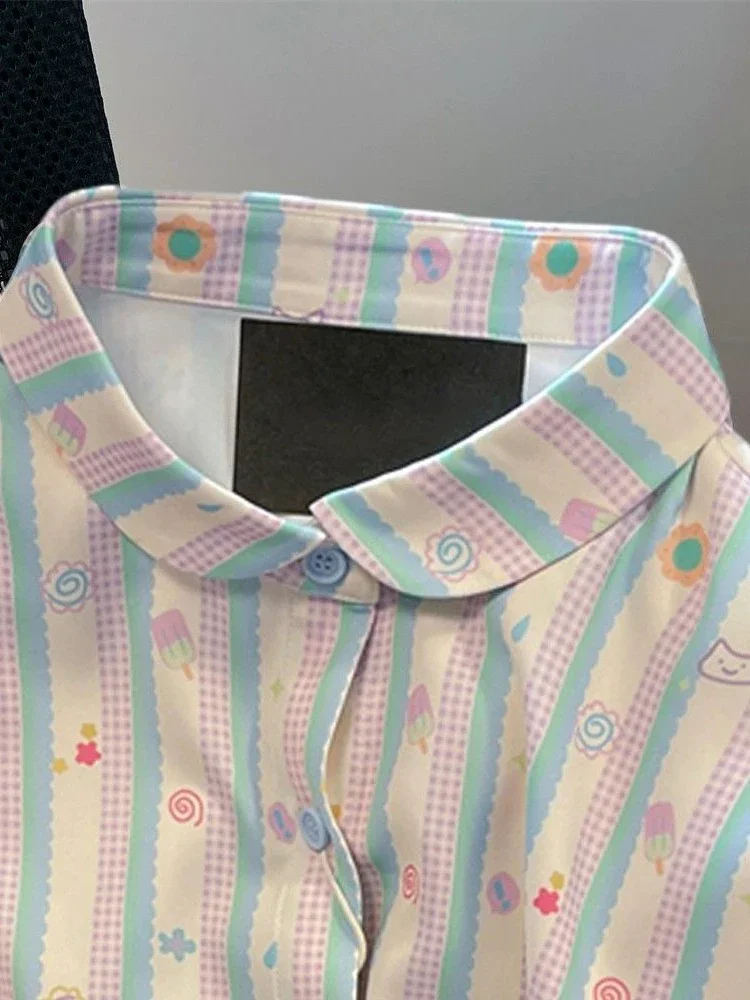 

Kawaii Striped Print Shirt Women Loose Vintage Short Sleeve Japan Blouse Casual Harajuku Preppy Style Cute Bf Retro Tops