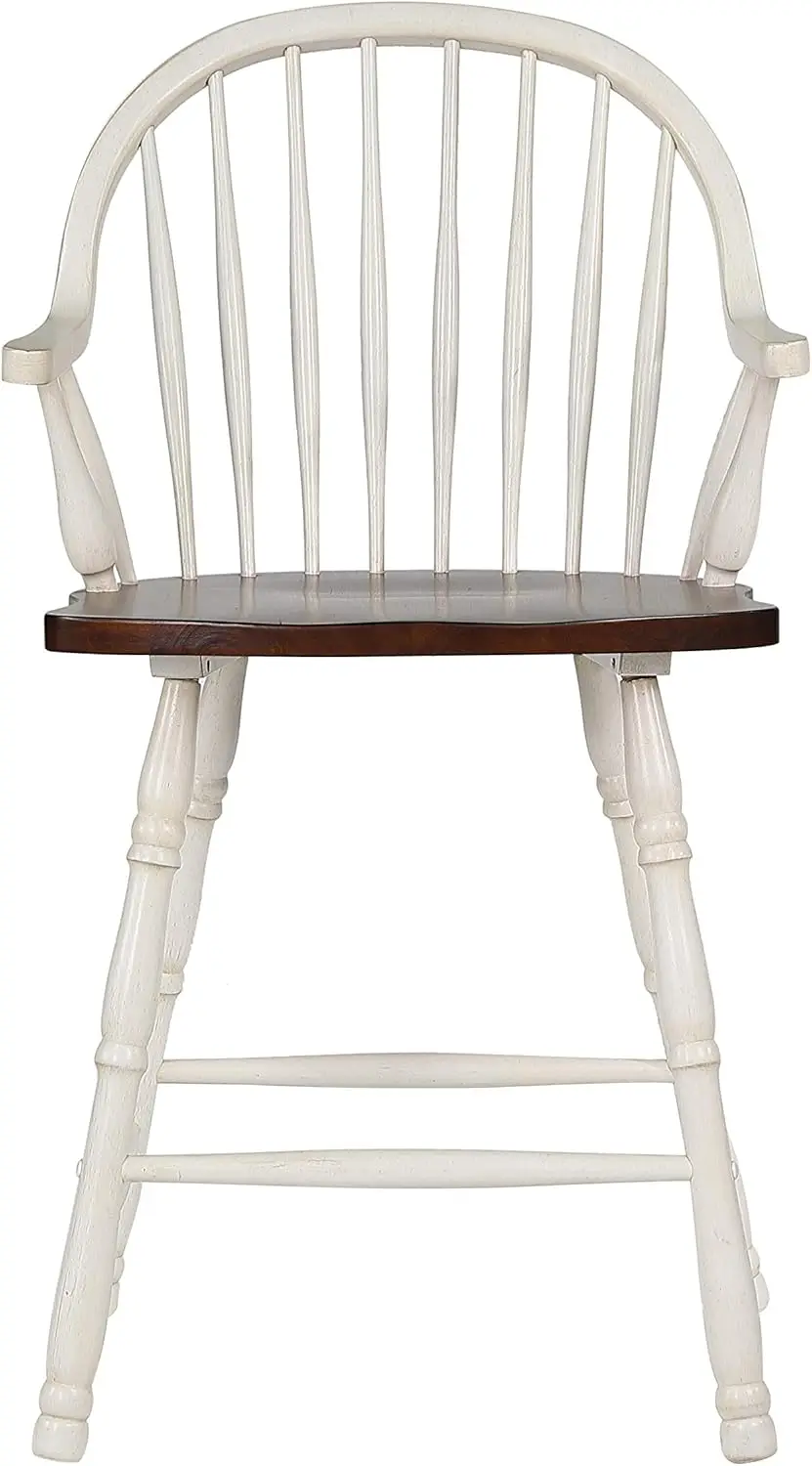 Andrews Windsor Barstool com braços, Counter Altura Stool, Branco Antigo e Castanha Brown, Conjunto de 2, 24"