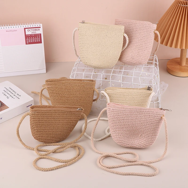 Baby Girl Fashion Casual Solid Straw Shoulder Bags Kids Children Cute Round Messenger Candy Color Small Bag Backpack Accessories