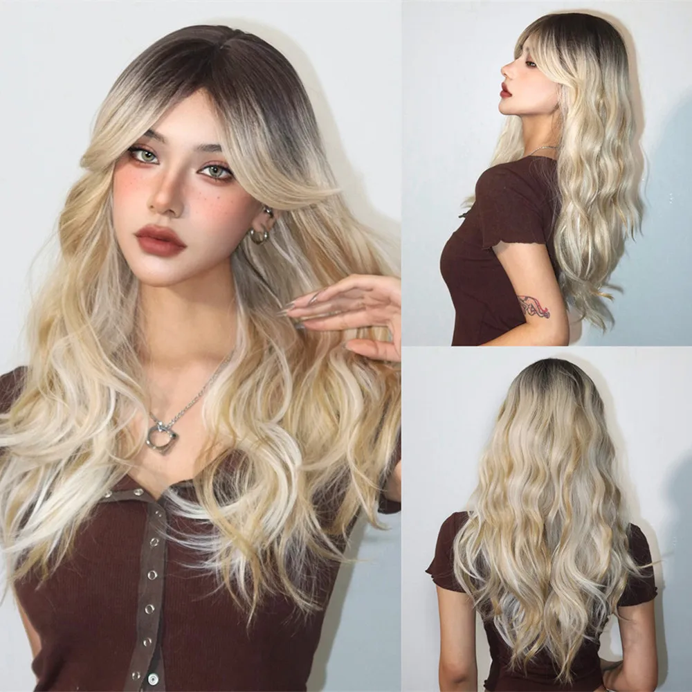 

HENRY MARGU Blonde Ombre Long Wig with Bangs Platinum Synthetic Wig Natural Wave Cosplay Party Fake Hair for Women Daily Use