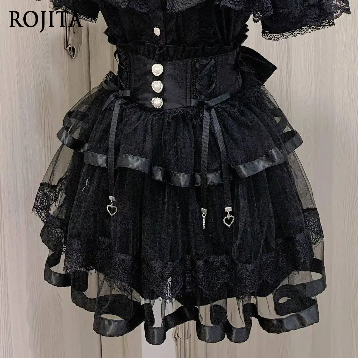 Black Lace Corset Waist Three Pearl Buttons Multi-Layer Ruffle Tulle Mini Skirt Heart Metal Charm Ribbon Bow Lolita Skirt