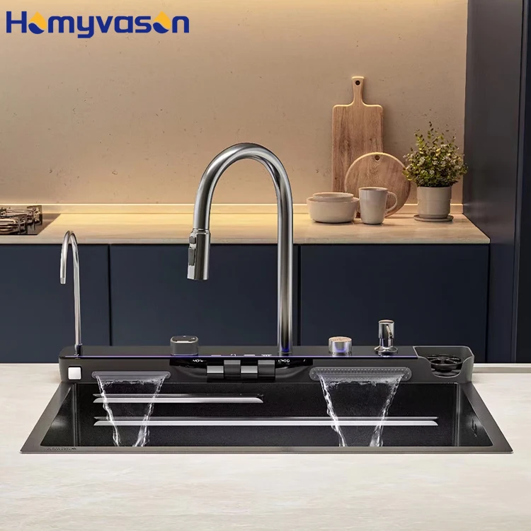 

Multifunctional Nano Black Rectangular Kitchen Sink 304 Stainless Steel Single Bowl Kitchen Sink with Faucet