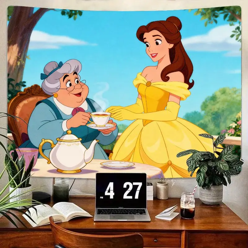 

1PC Disney Princess Belle & Friends Tea Party Tapestry, Beauty & The Beast Cartoon Wall Art, Polyester Living Room Bedroom Dorm