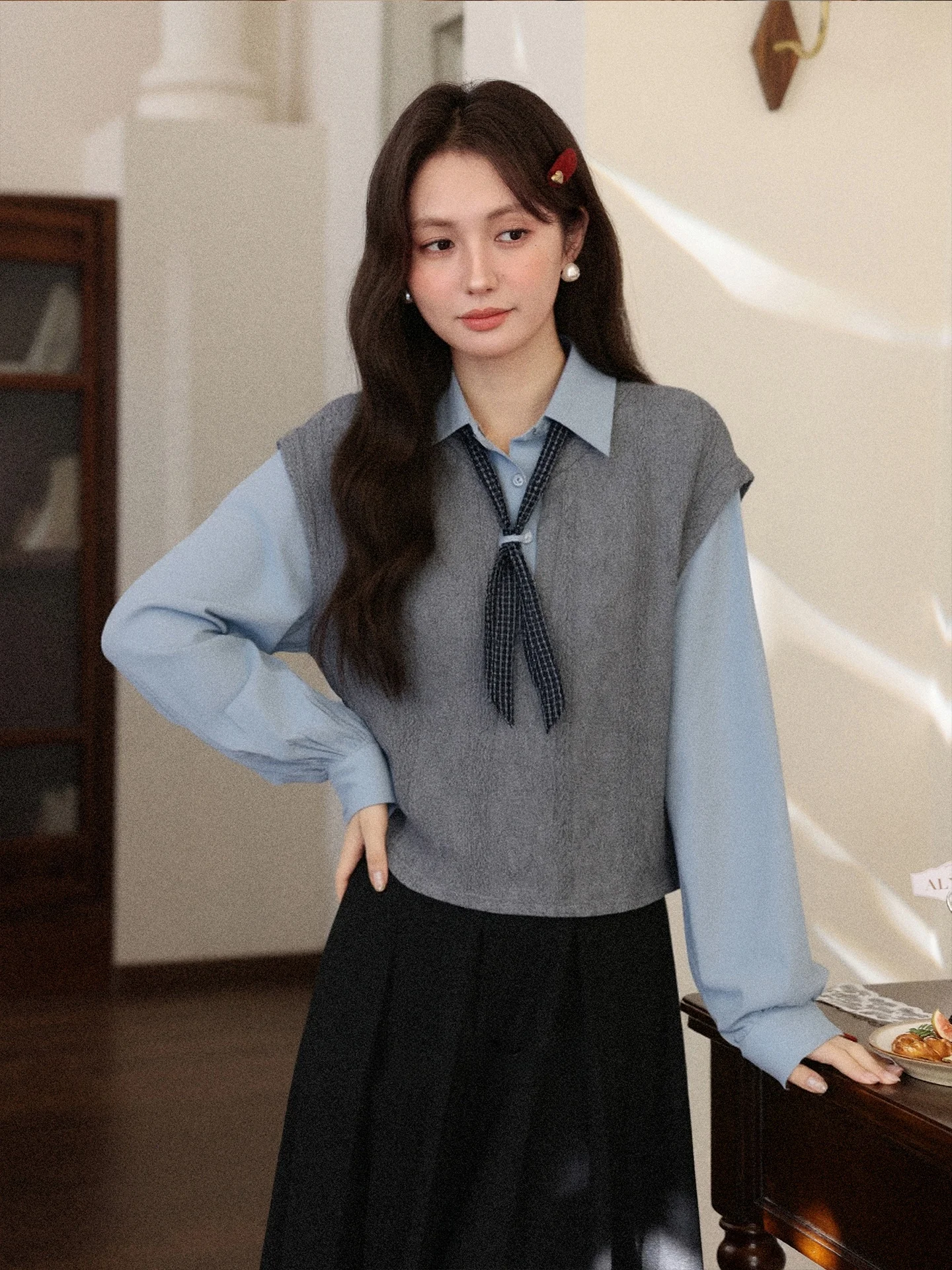 

South Deer Knitted irt Sve Women's Casual Sle Soft Fabric Long Sve Autumn Winter Top College Lazy Sle Fake Two-Piece