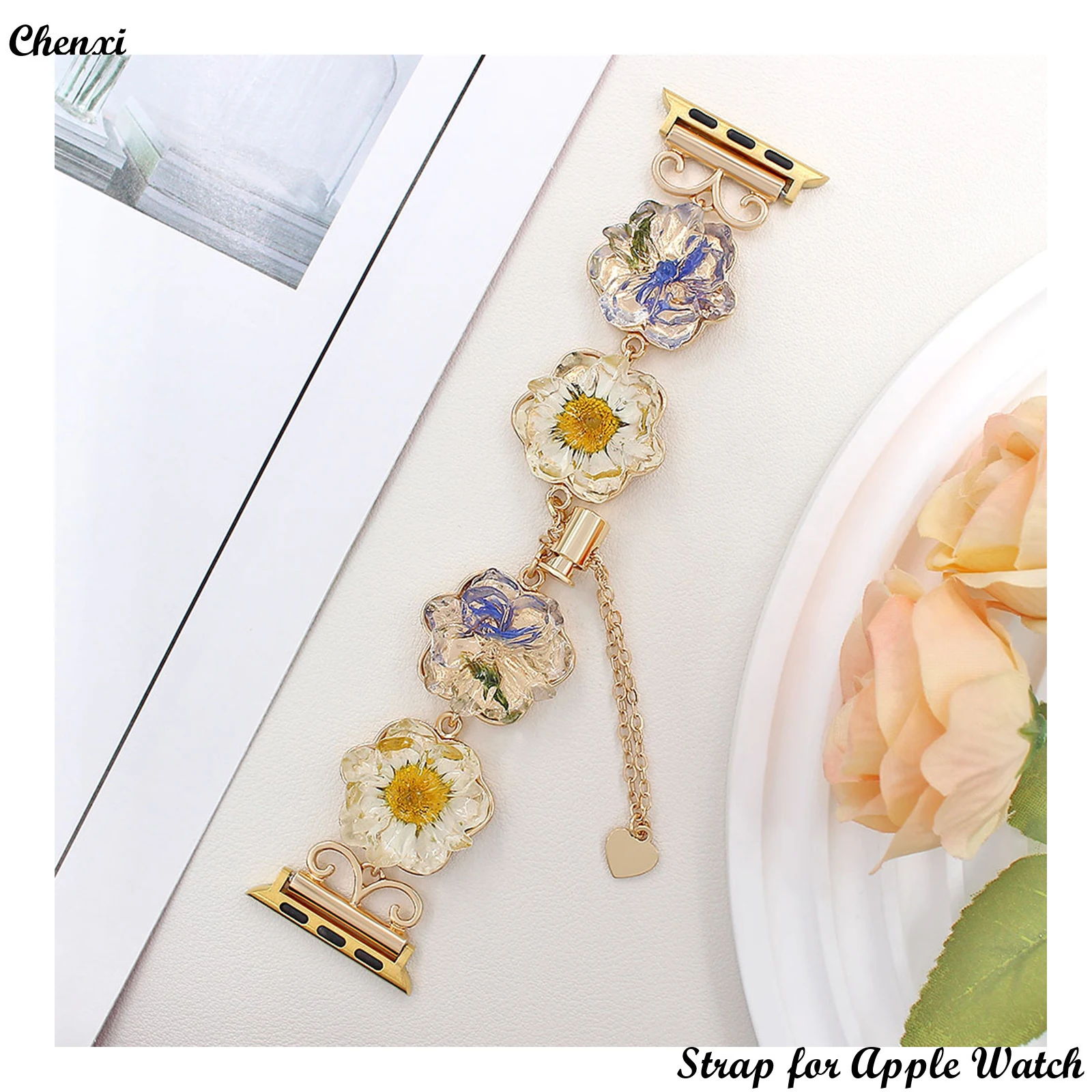 

Metal Strap for Apple Watch Band Creative Dried Chrysanthemum Bracelet Chain for Iwatch98765SE Women Sweet Wrist40 41 42 44 45mm