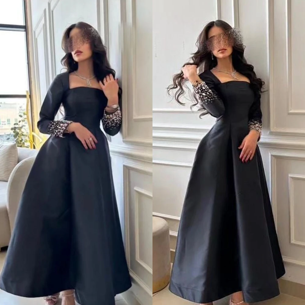 Customized Ball Elegant Simple Square A-line Celebrity Dresses Beaded Skirts Anke Length Satin Evening Vestidos Para Eventos Esp