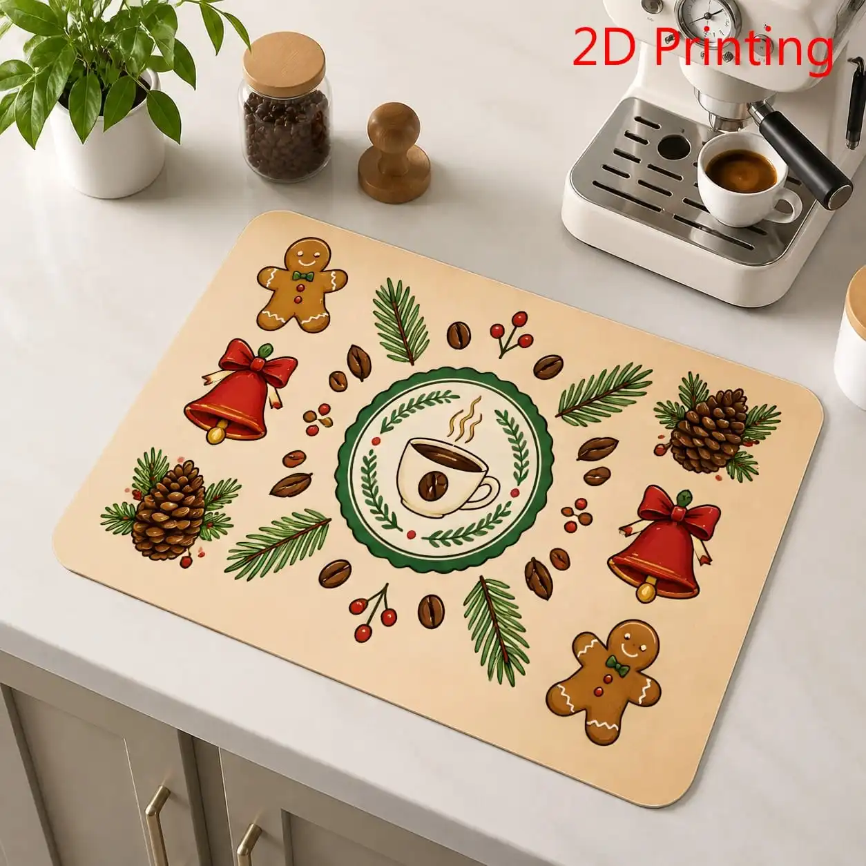 Cozy Christmas Coffee Bar Dish Drying Mat Ultra Absorbent Kitchen Countertop Mat Ginger Man Bell Espresso Machine Drain Pad