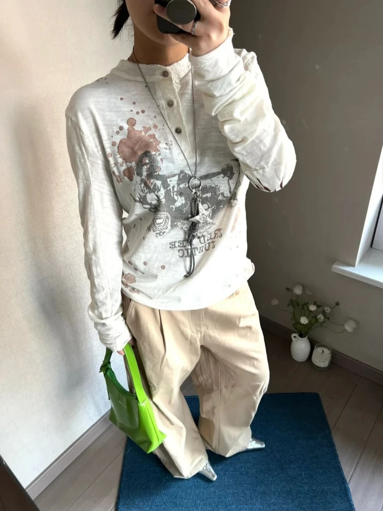 ثقافة فرعية ريترو الشارع الشهير كم طويل تي شيرت المرأة عادية الأمريكية خمر إلكتروني طباعة قمة سليم الشرير نمط 2025 الخريف