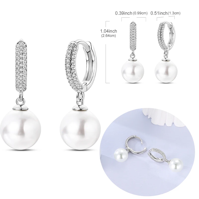 925 Sterling Silver Earring Classic Round Pearl For Woman Date Party Girls Pendant Earring Fashion Jewelry Gift 2