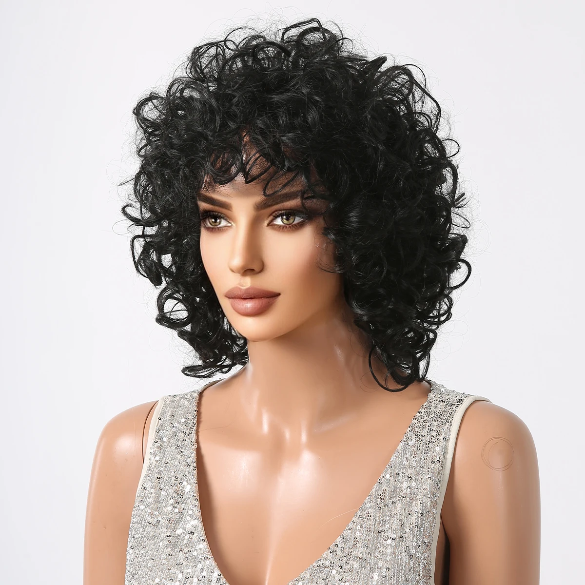 Deep Wave Afro Curly Bomb Wigs with Bangs Black Short Kinky Curly Wig for Women Brazilian Daily Machine Made Wig Heat Resistant