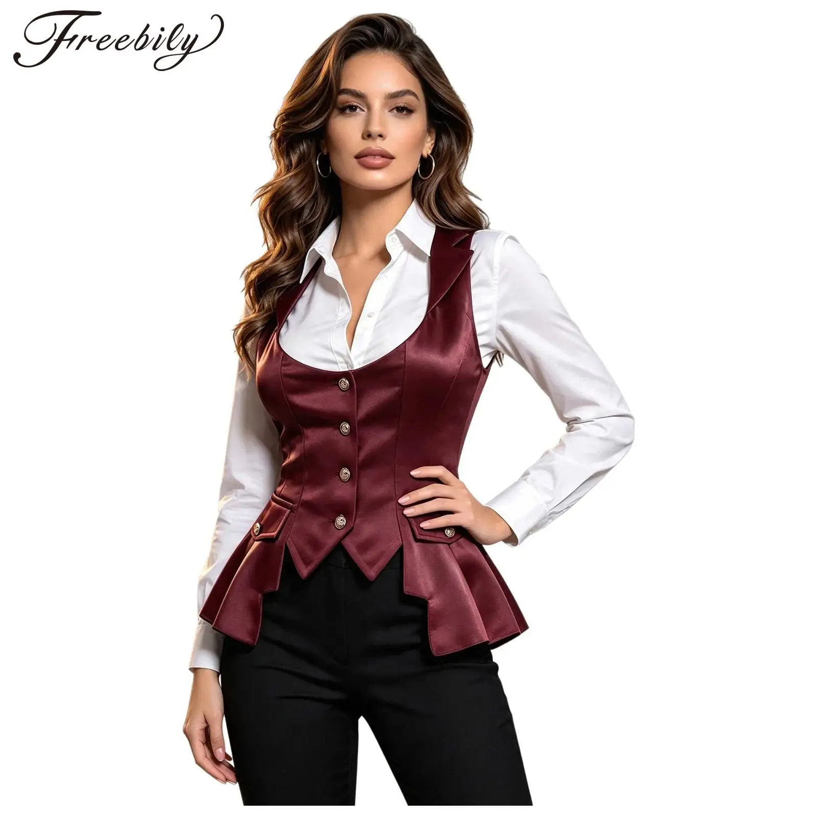 Women Medieval Sleeveless Vests Renaissance Victorian Satin Waistcoat Ruffled Vest for Halloween Carnival Punk Goth Clothing
