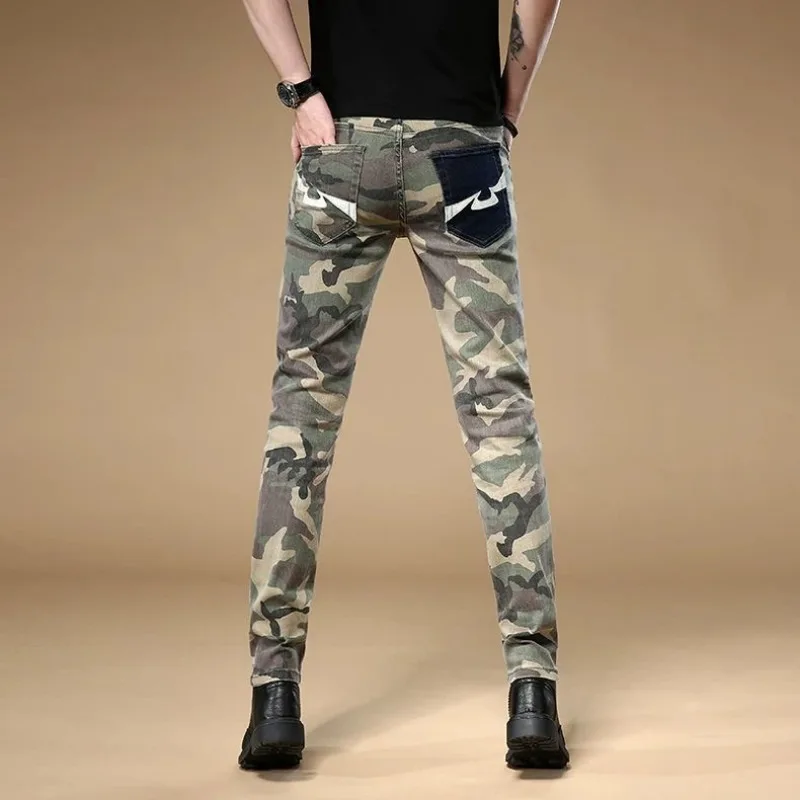 Fashion 2025 Patchwork Slim Casual Jeans Spring Autumn Trendy Embroidery Army Camouflage Luxury Brand Men's Tapered Pencil Pants