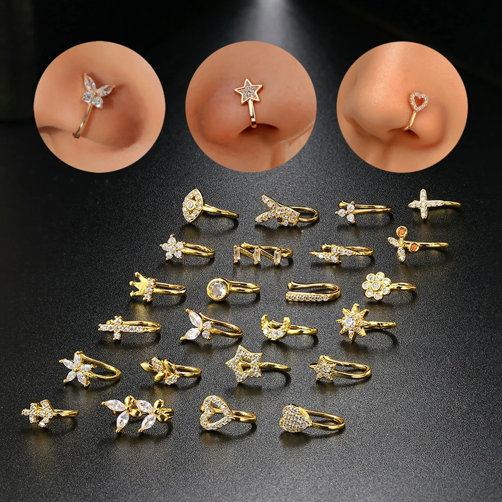 1PC Fake Piercing Nose Ring Cuff for Women Trend Ear Cuff Heart Cross Star Flower Butterfly Shaped Nose Clip Ring Body Jewelry