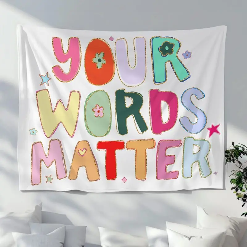 VIKAMA Your Words Matter Colorful Ransom Wall Tapestry White Collage Letter Speech Therapy Positive Quote Flower Star Bedroom